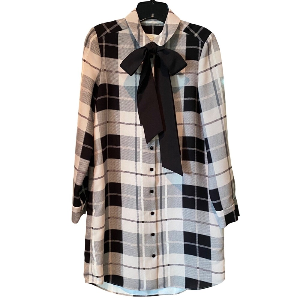 Kate Spade Woodland Plaid Griffin‎ Shirt Dress Pumice Tie Neck Bow Sz 2